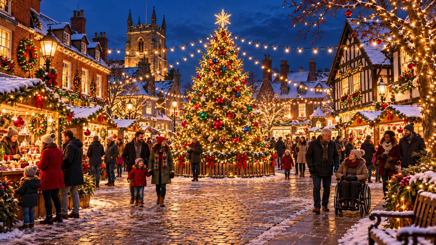 Illustrative British town square with a decorated Christmas tree, colourful lights and people enjoying a festive market.