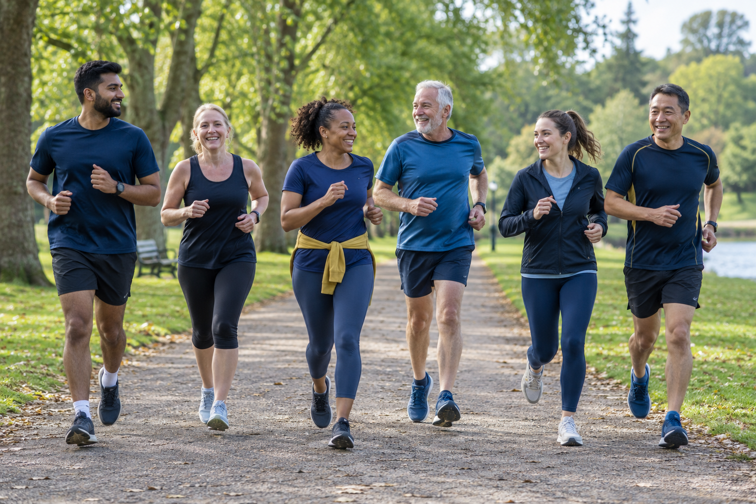 A group of adults jogging together along a park path.