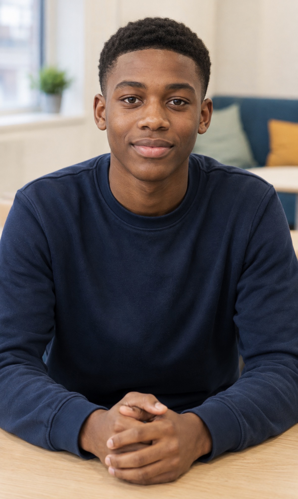 Jordan, a young man in a navy sweatshirt, sitting at a table and smiling