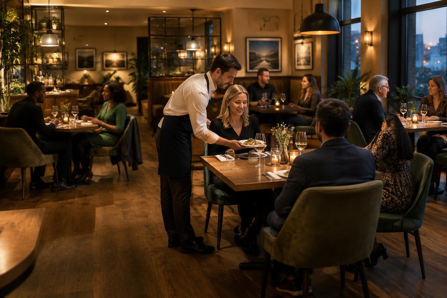 A waiter serving a meal to diners seated at tables in an attractive restaurant.