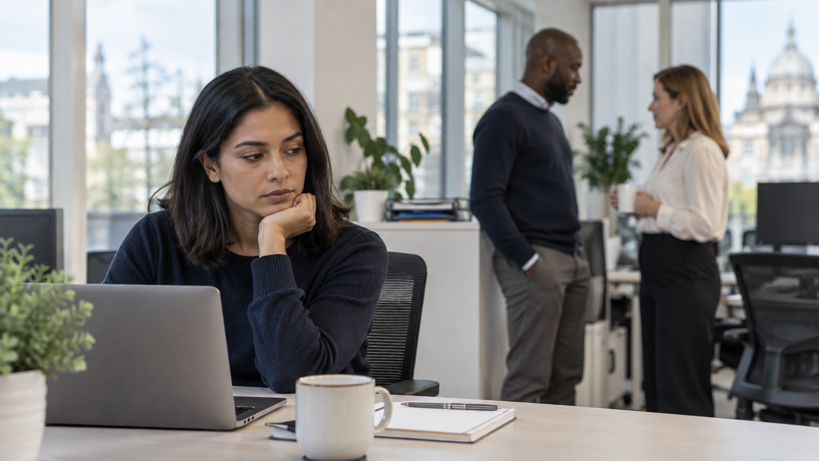 Employee sitting apart from colleagues in an office