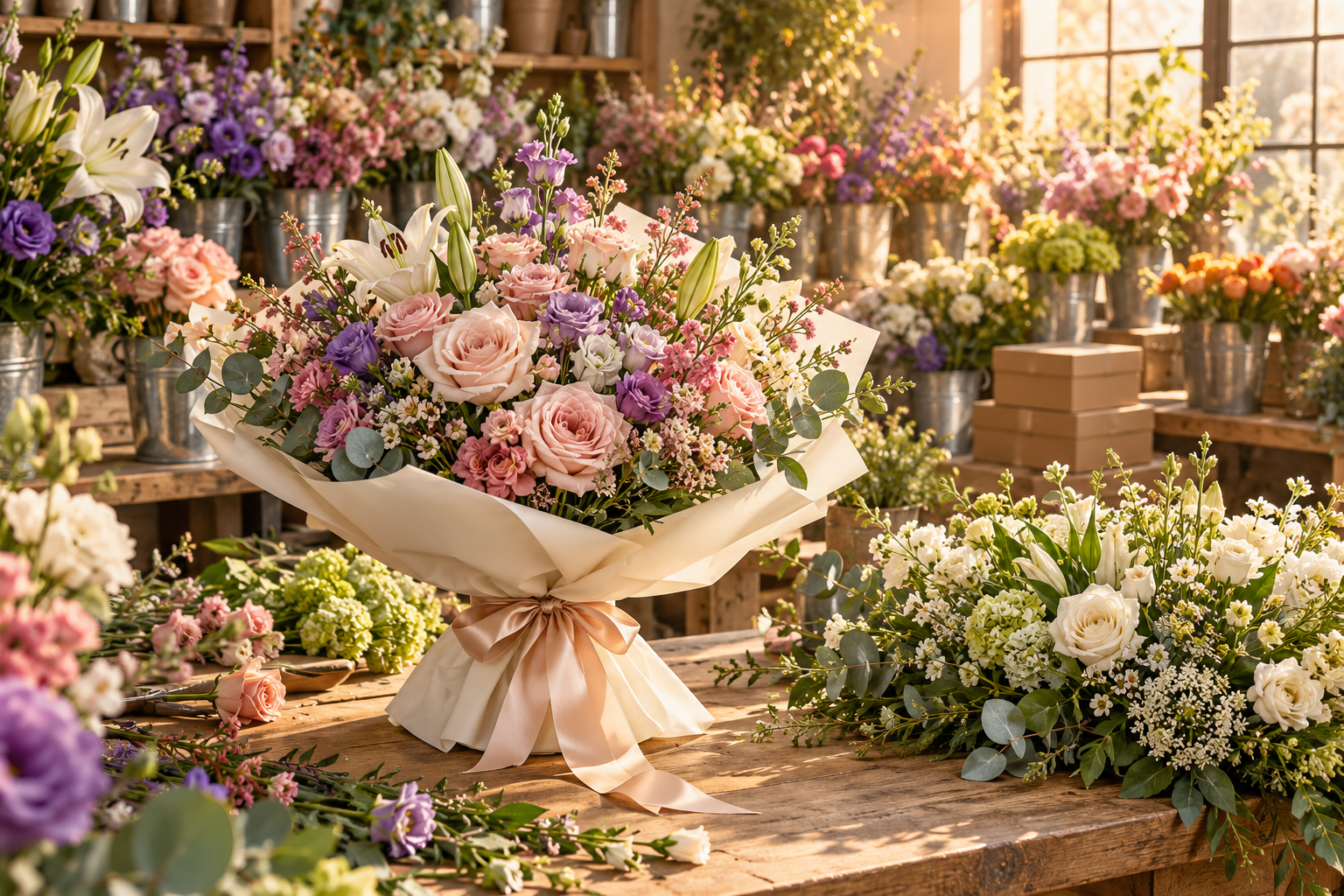 A pink and purple gift bouquet beside a white floral arrangement, with fresh flower buckets in a warmly lit florist workshop.