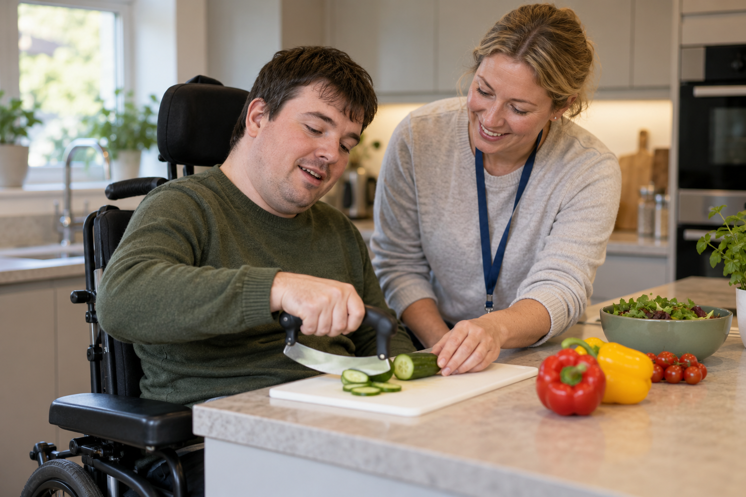 Illustrative scene of an occupational therapist helping an older person practise everyday kitchen tasks at home. Illustration only, not a photograph of an actual clinician.