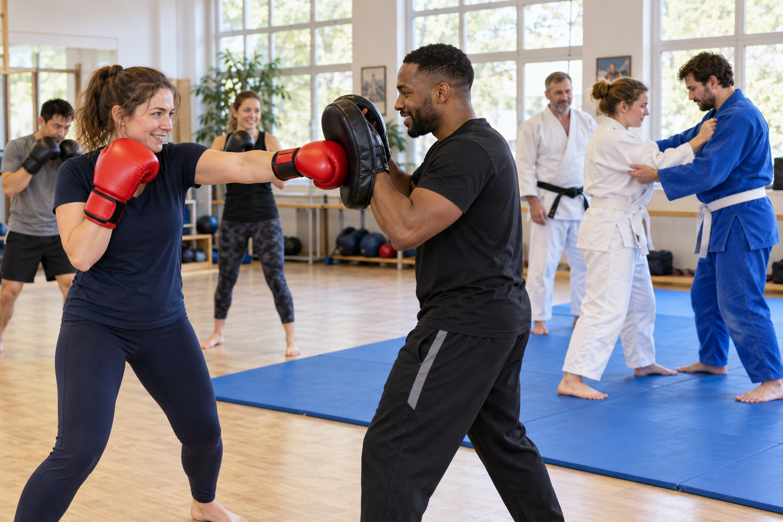 An adult woman practises a punch on a coach’s pad in a bright boxing and martial arts training studio.