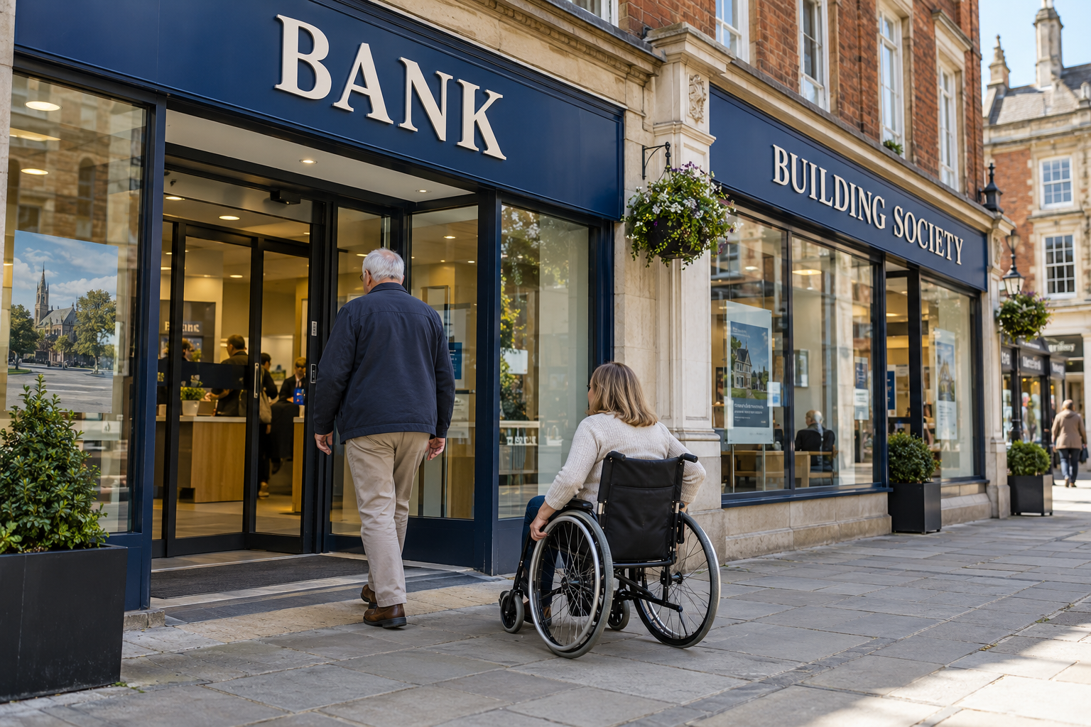 Illustrative UK high street with a bank and building society and people approaching an accessible entrance.