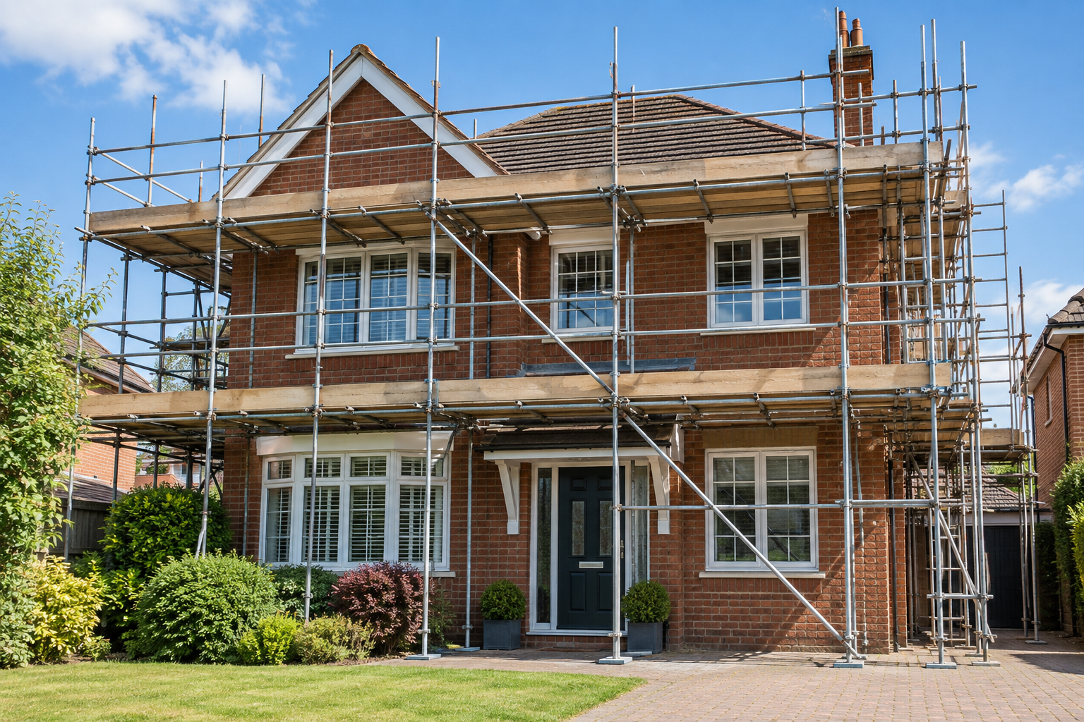 Full-height scaffolding around the front and side of a red-brick house