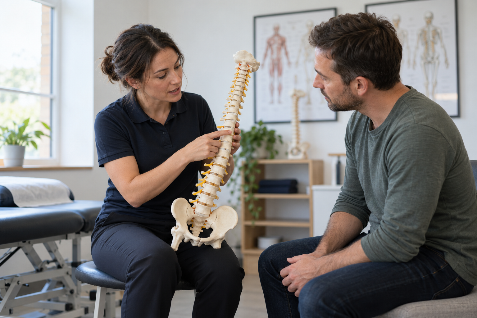 Illustrative scene of a chiropractic appointment: a practitioner assessing a client's back beside a treatment table. Illustration only, not a photograph of an actual clinician.