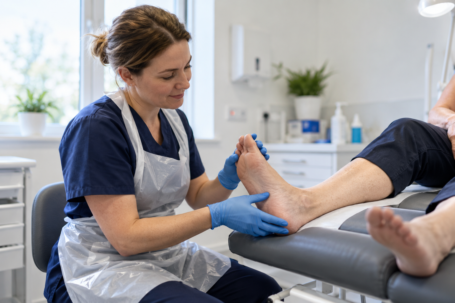 Illustrative scene of a podiatrist examining a client's foot in a treatment room. Illustration only, not a photograph of an actual clinician.