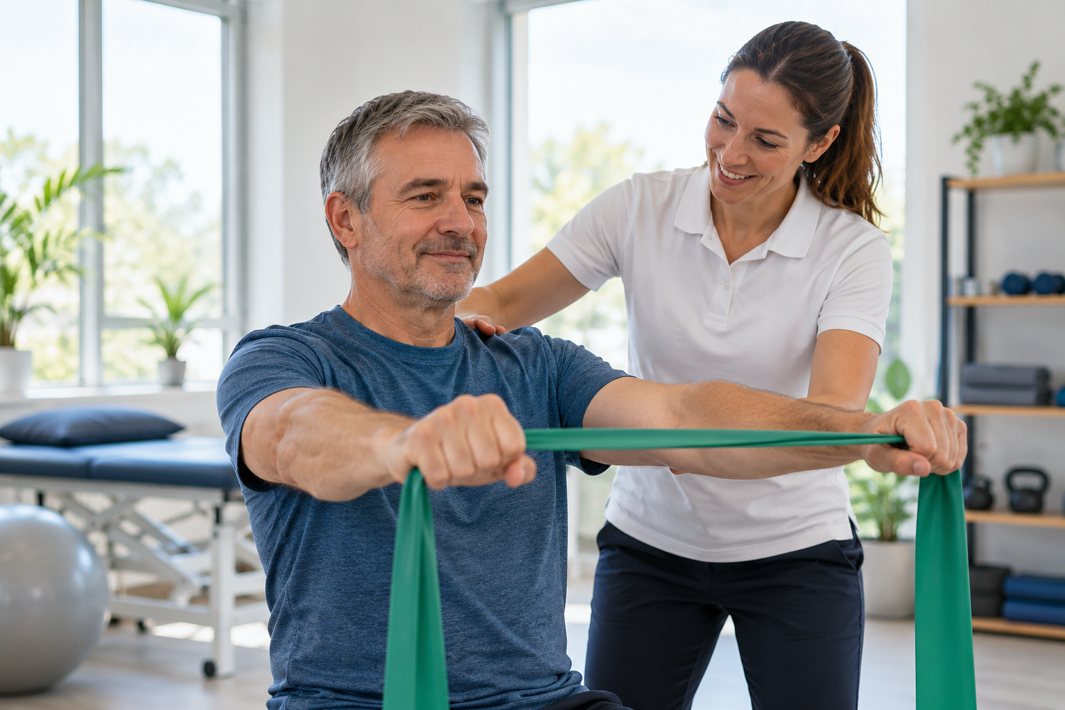 Illustrative scene showing a range of physical and complementary therapy settings, including a treatment table and exercise equipment. Illustration only, not a photograph of actual clinicians.