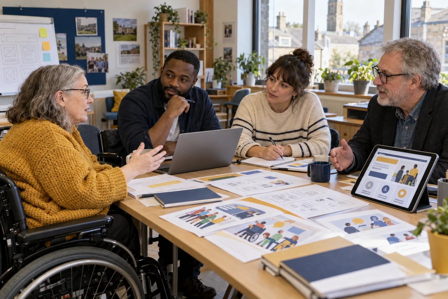 A diverse team, including a wheelchair user, planning accessible community information in a UK workspace.