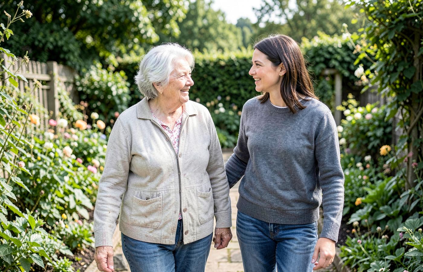 An older adult and a younger adult walking and talking together in a garden.