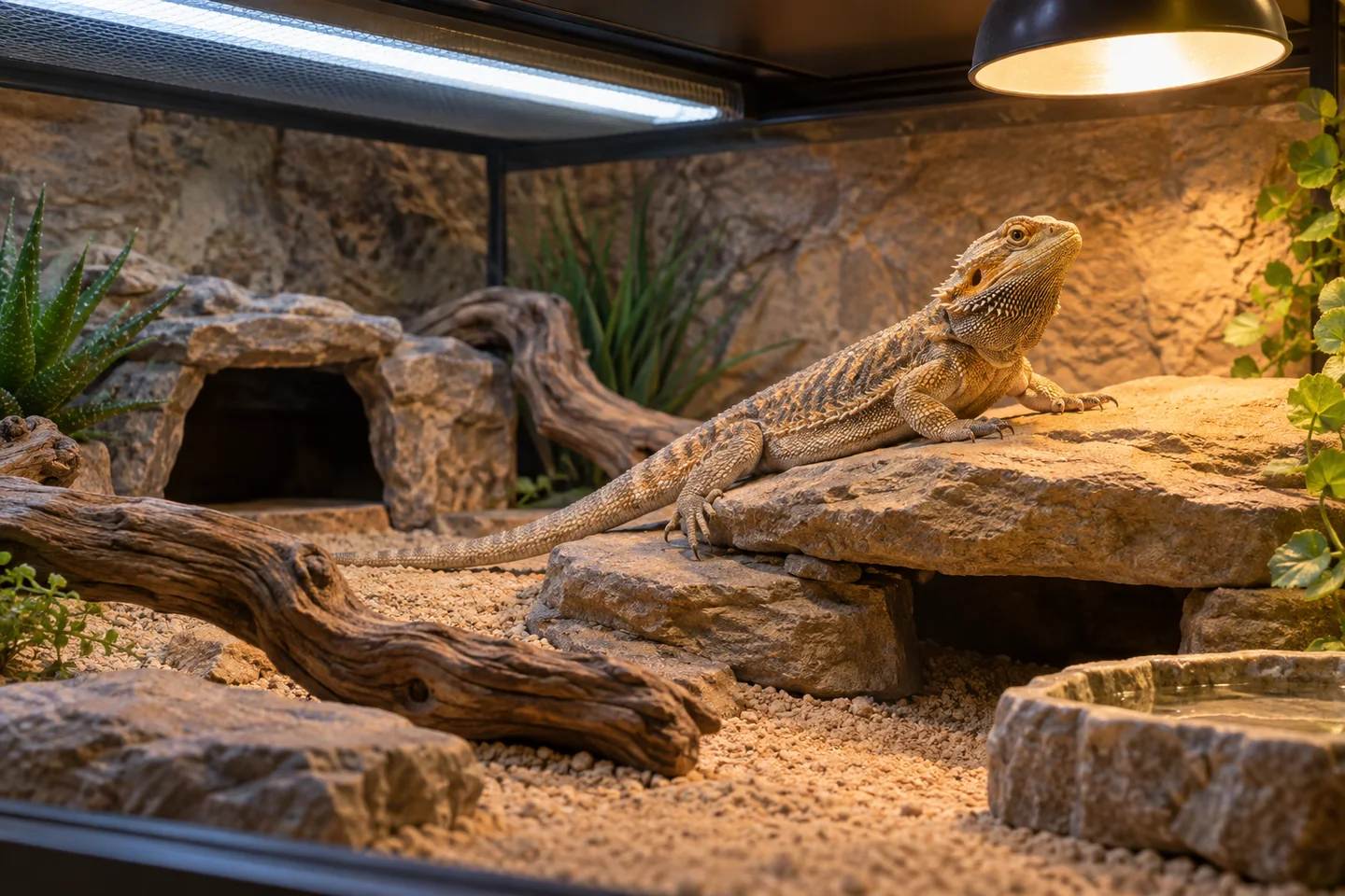 A bearded dragon resting beneath heat and ultraviolet lamps in a furnished vivarium.