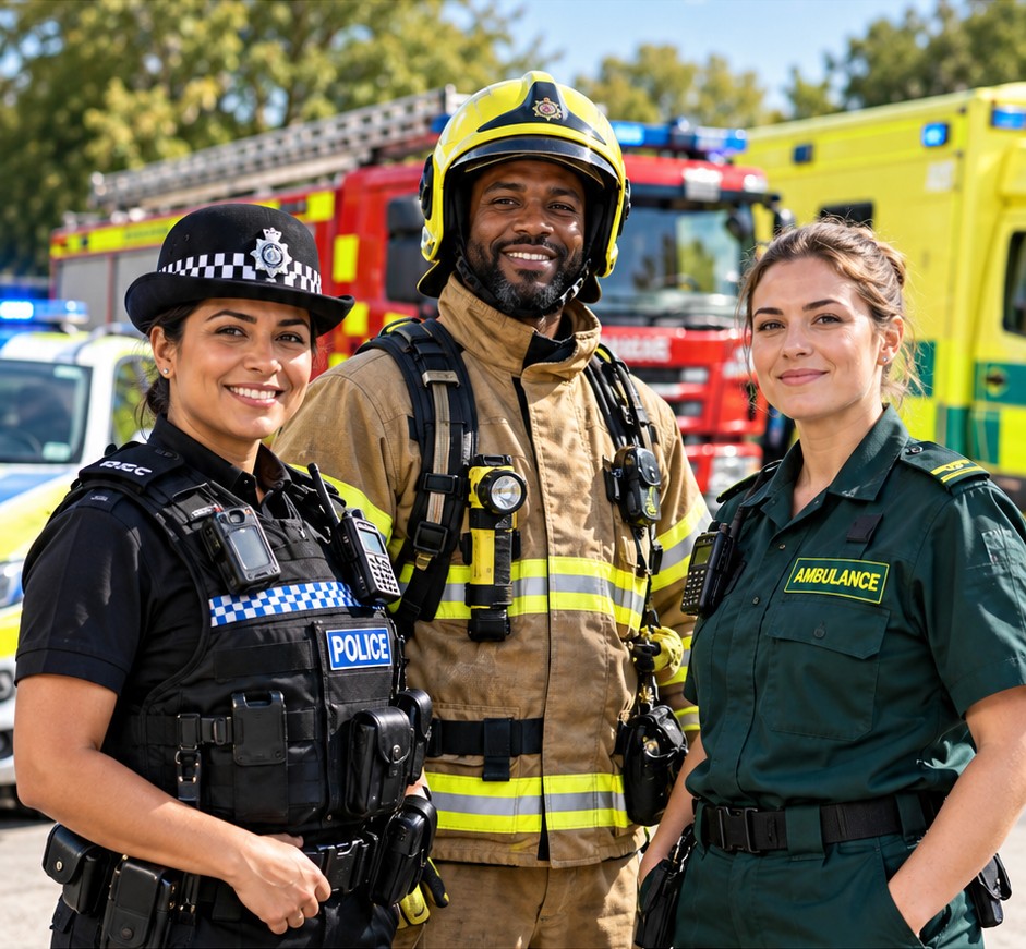 A police officer, firefighter and ambulance worker standing together in front of emergency vehicles outdoors.