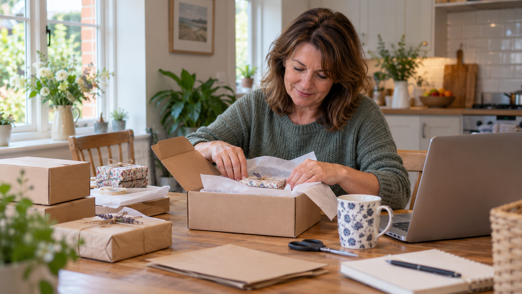 Illustrative scene of a person wrapping a small product in tissue paper and packing an order at a kitchen table, with parcels and a laptop nearby; not an advertised vacancy.