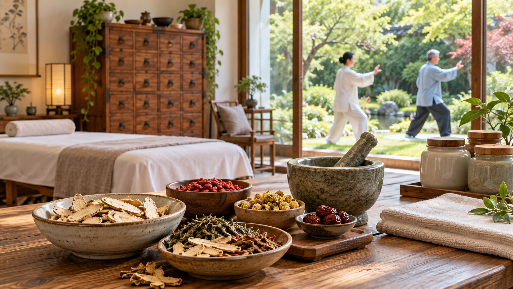 Dried botanical ingredients and traditional preparation tools in a calm room overlooking people practising tai chi.