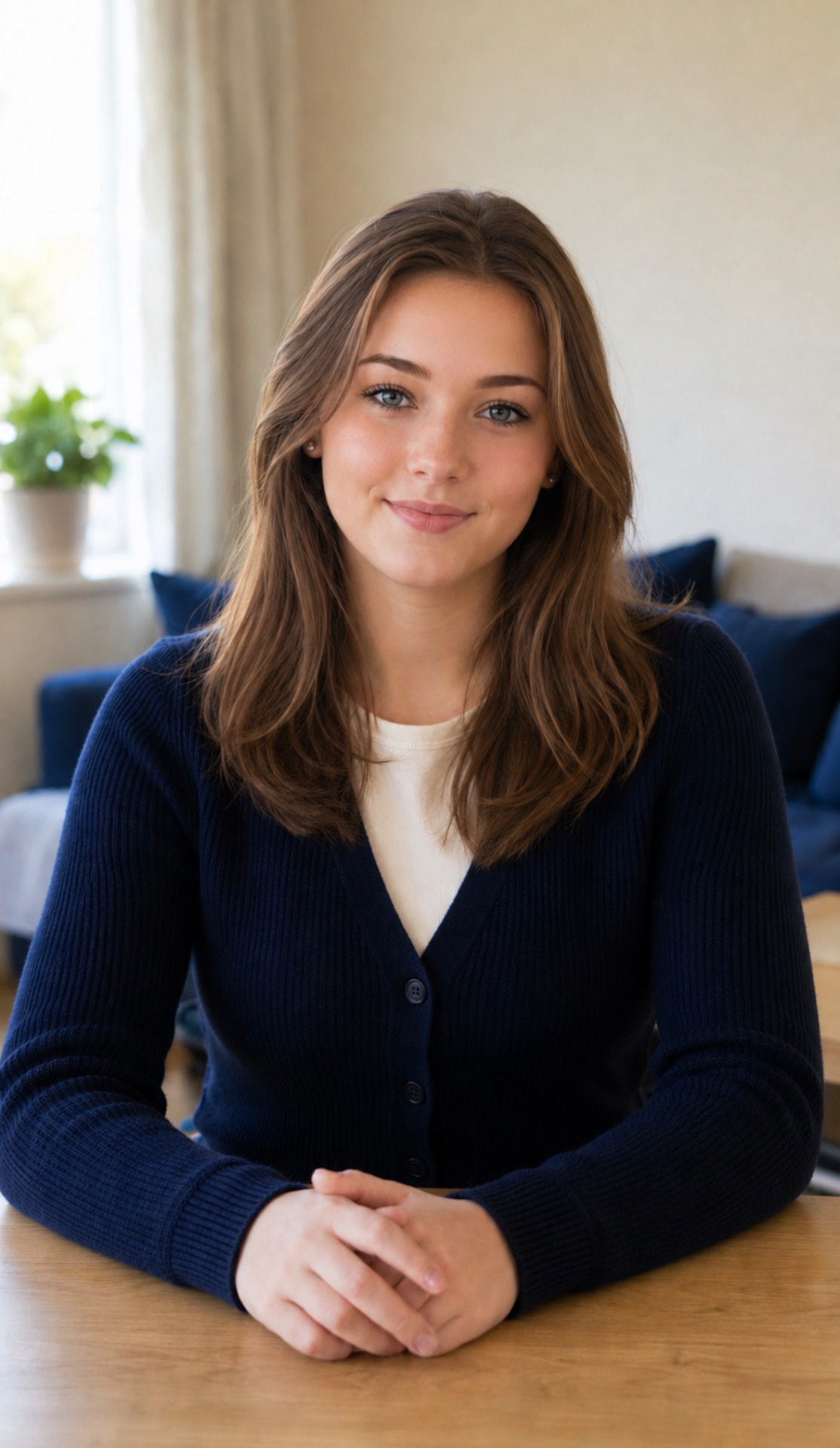 Sophia, a young woman in a navy cardigan, sitting at a table and smiling