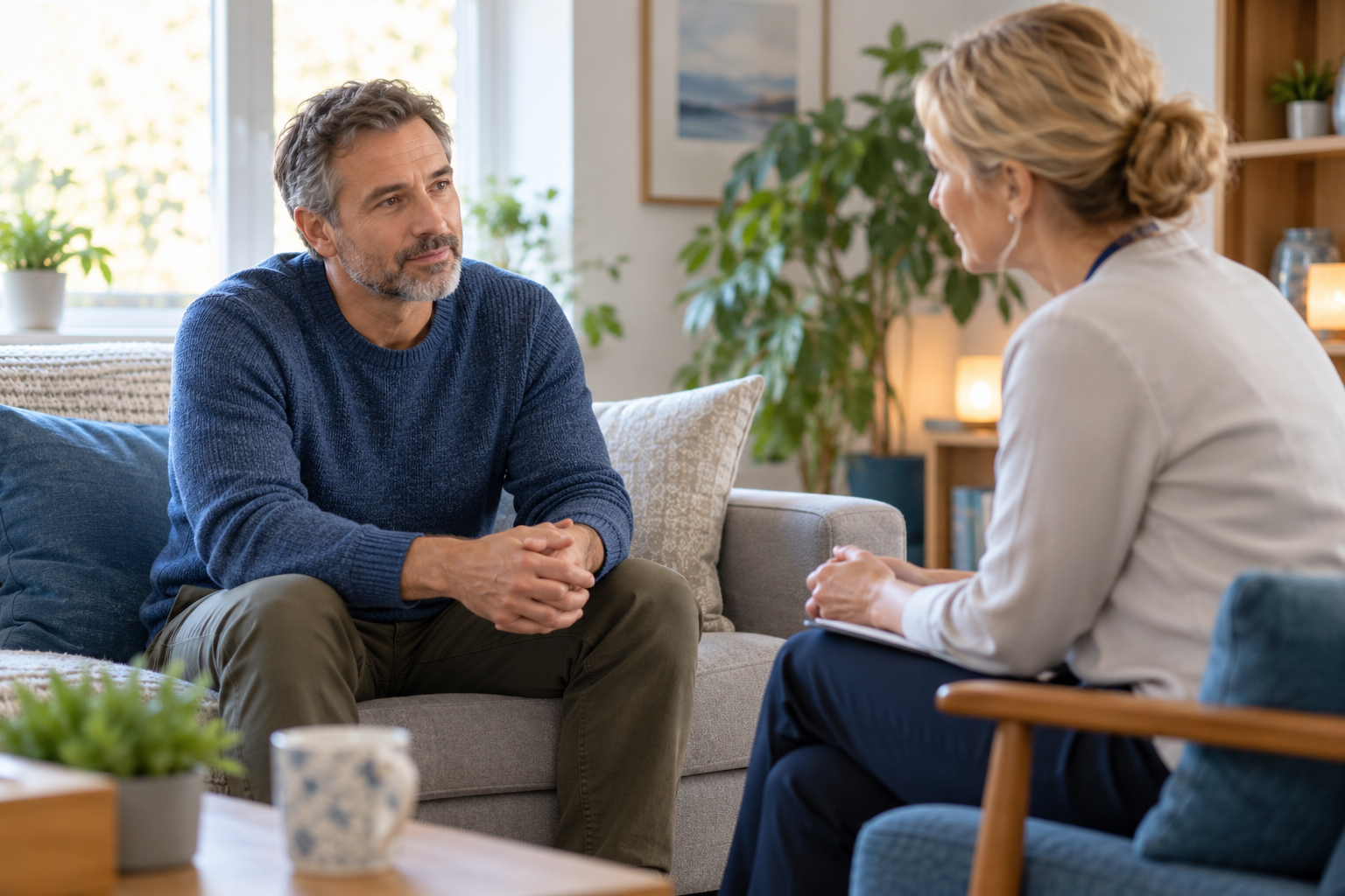 A man in a blue jumper sitting on a sofa, listening to a woman with notes in a calm, bright room.