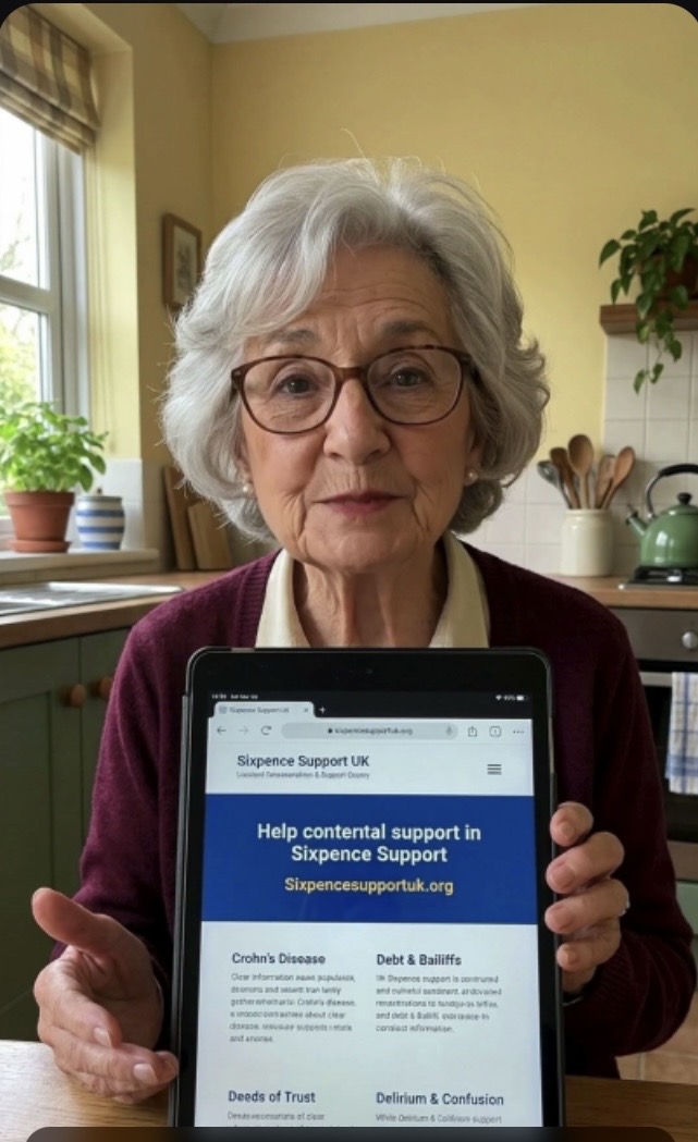 Beryl, an older woman with grey hair and glasses, holding a tablet showing the Sixpence Support UK website