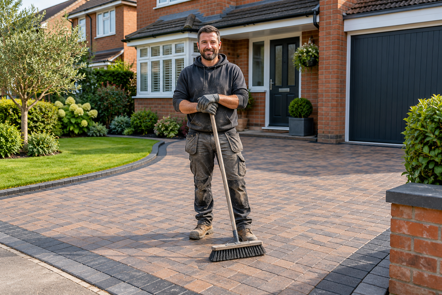 Tradesperson sweeping a newly laid block-paved driveway in front of a house