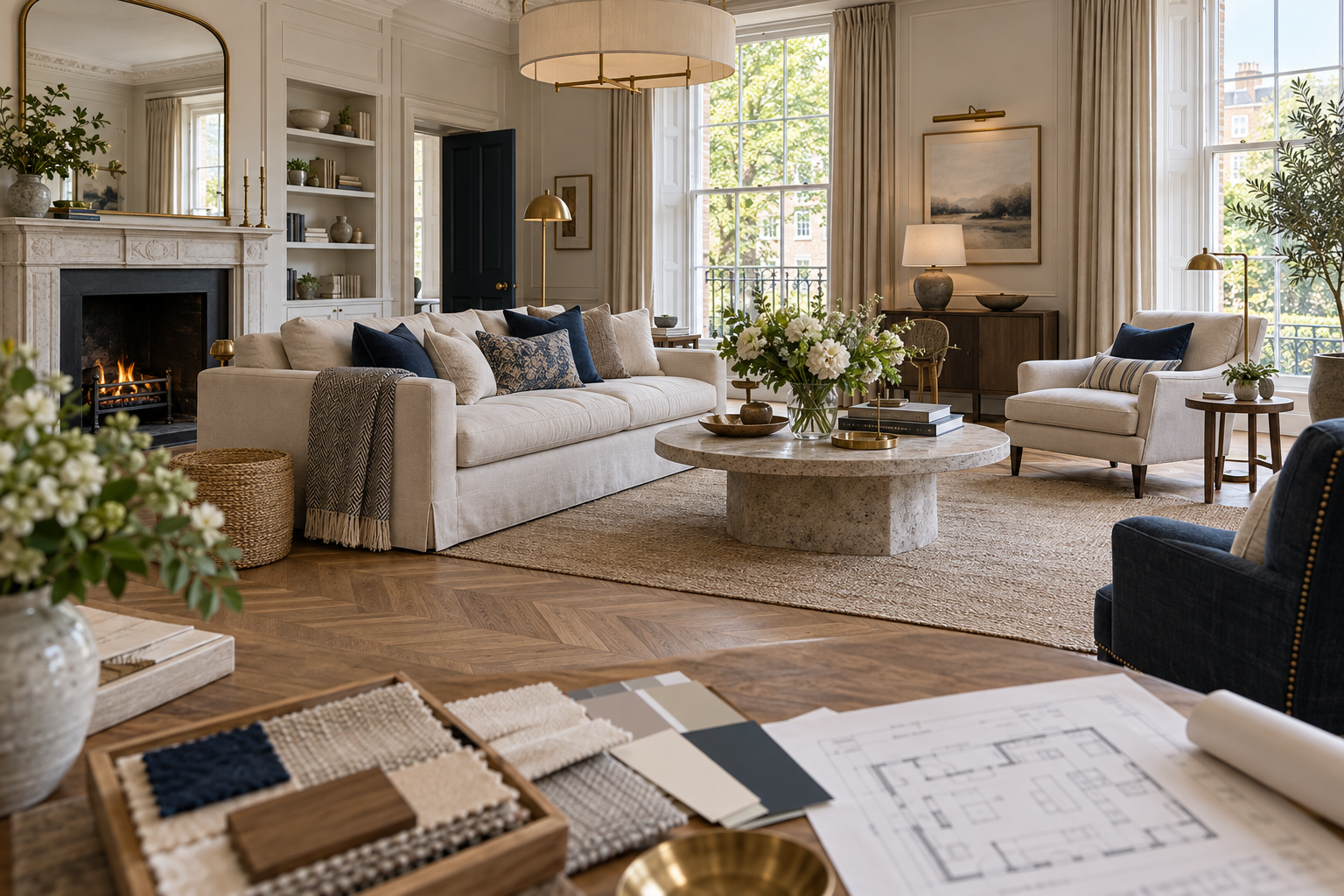 Illustrative home interior with cream sofas, navy chairs, a fireplace and tall windows, with fabric samples and a room plan in the foreground; not an actual designer’s portfolio.