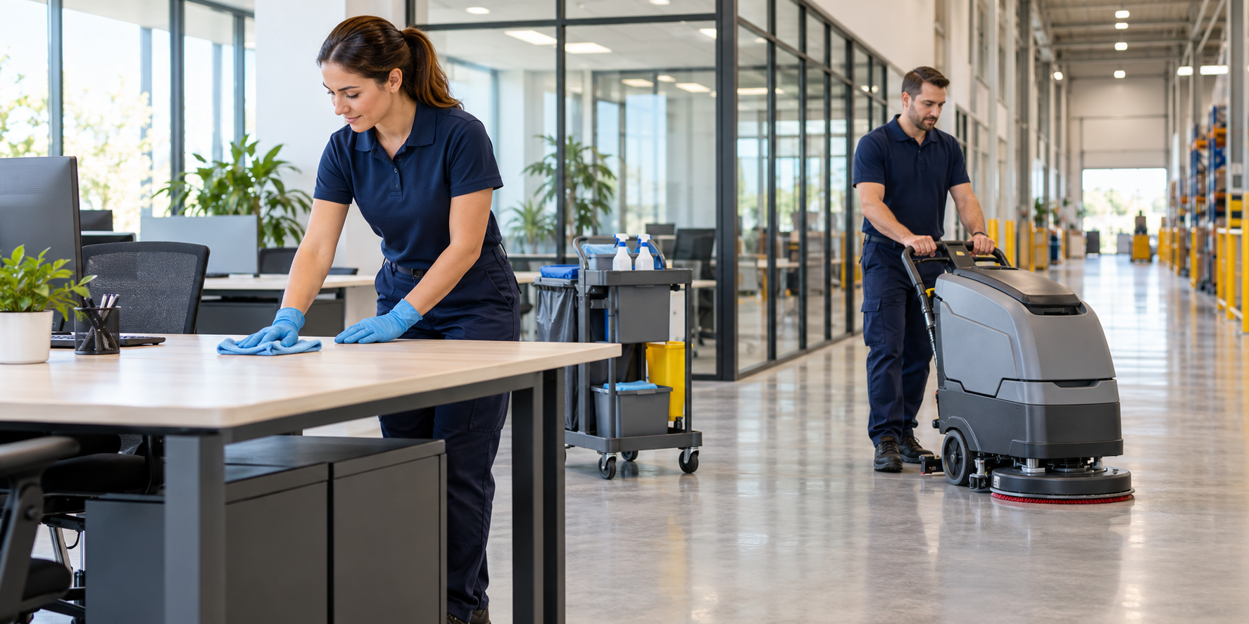 Professional cleaners wiping an office desk and using a floor-cleaning machine in business premises.