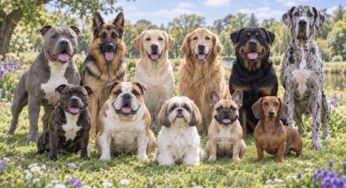 Eleven dogs of different breeds, sizes and coat types sitting and standing together on grass by a lake, with trees and flowers behind them.