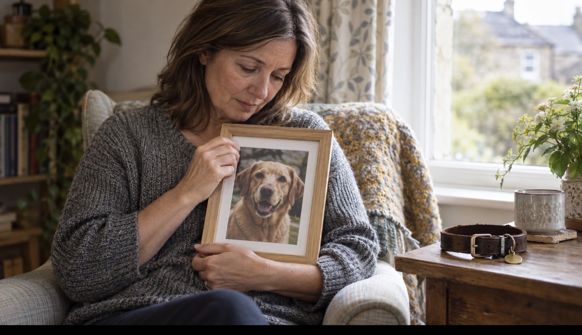 A woman sitting quietly at home holding a framed photograph of her dog.