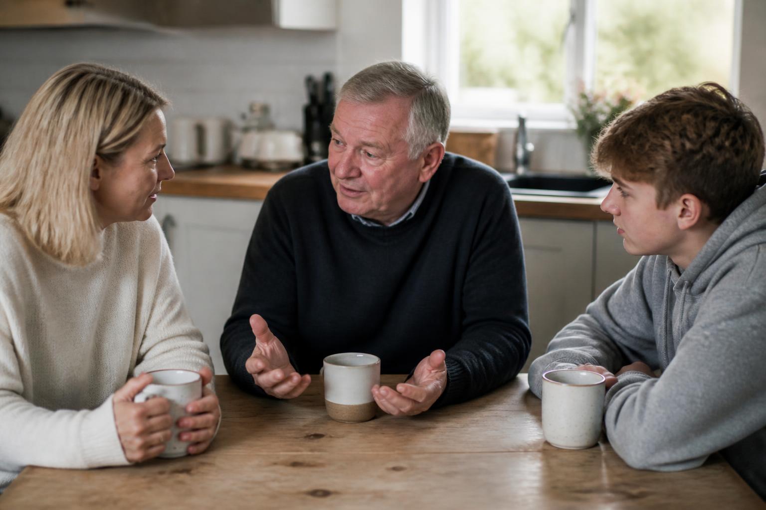 An older man talking calmly with a woman and a teenage boy around a kitchen table with mugs of tea.