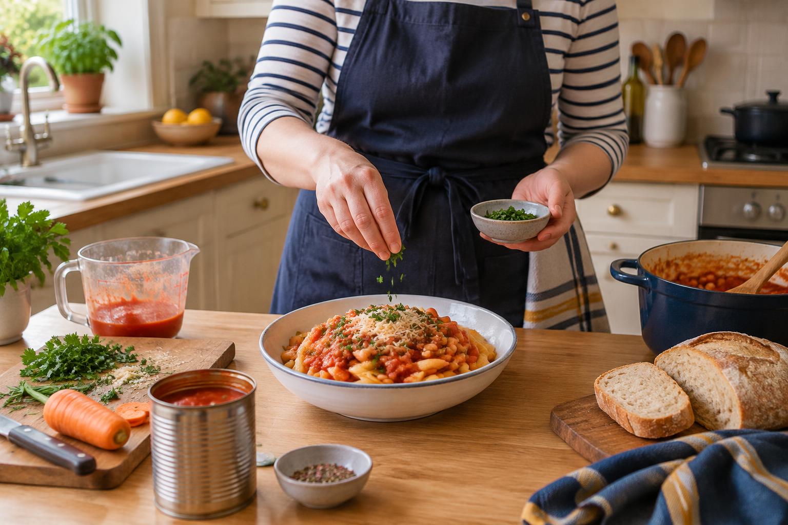 Illustrative cooking scene: a person in a navy apron finishes tomato and bean pasta in a cream kitchen, with bread, a carrot and a measuring jug on the counter.