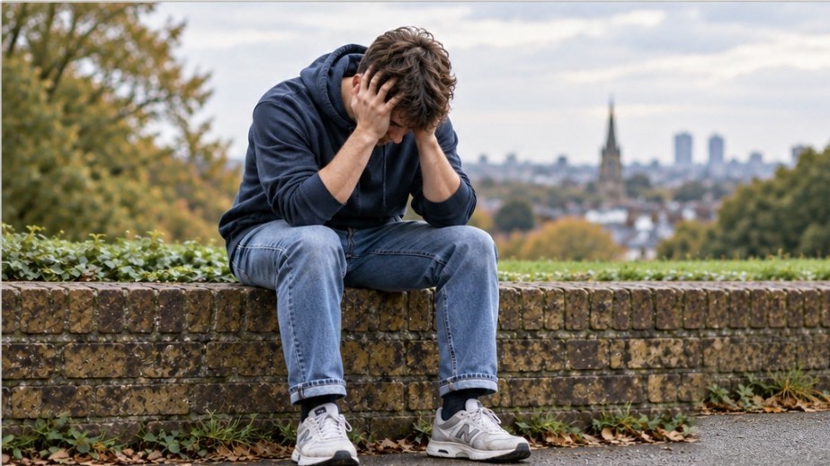 A young man in a navy hoodie and jeans sitting on a brick wall outdoors, holding his head.