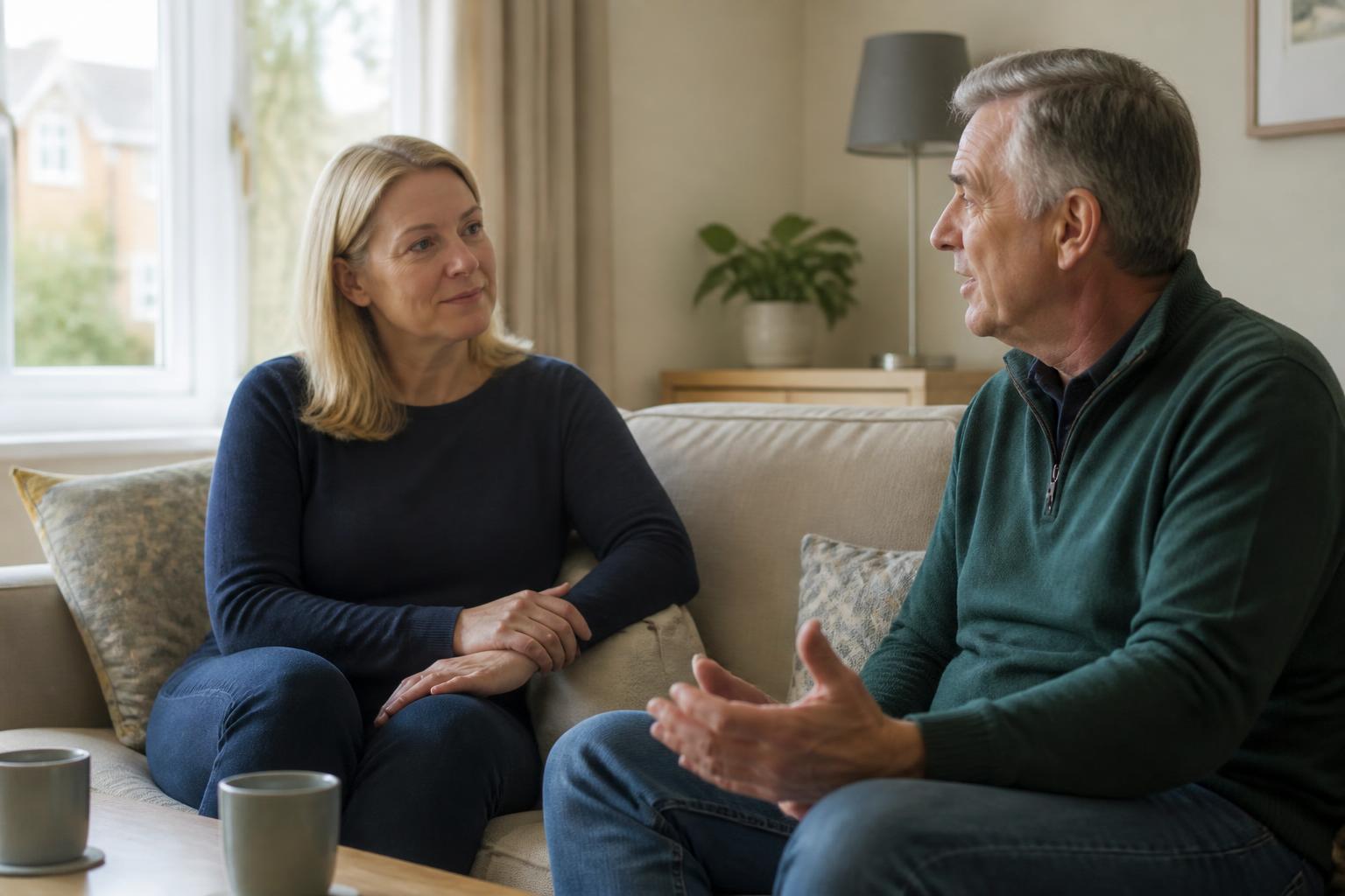 Two adults sitting together on a sofa in a living room, having a calm conversation.