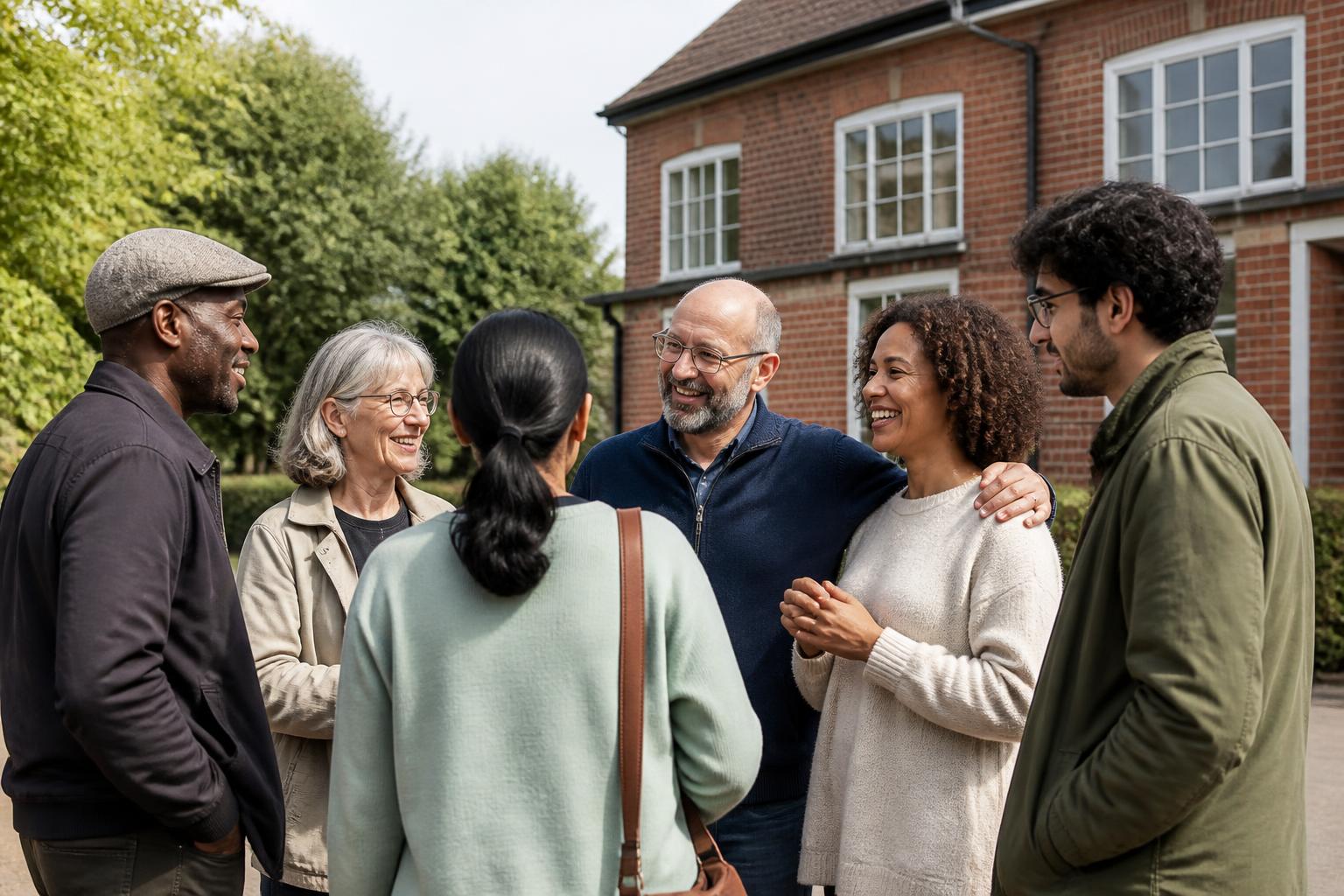 A small, diverse group of adults standing together and talking warmly outside a community hall on a bright day.