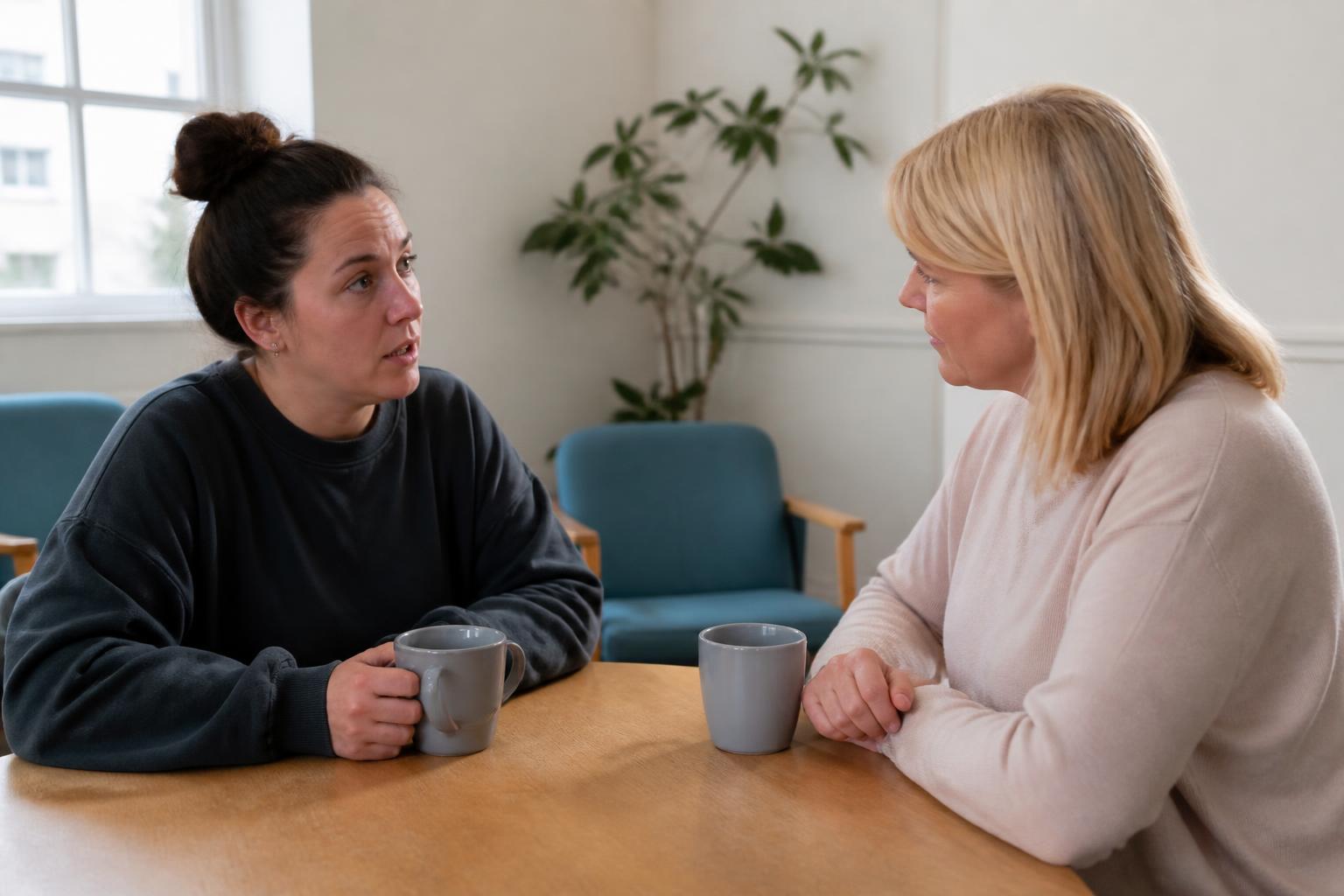 An adult talking quietly with a support worker across a table in a calm, bright community advice room.
