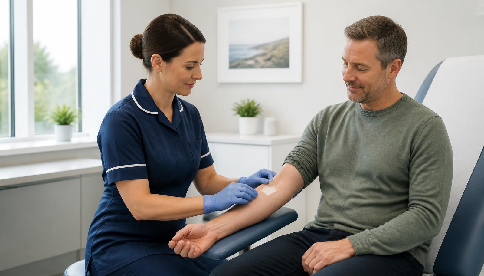 A healthcare professional in a navy uniform gently examining a small clean dressing on a seated adult patient's forearm in a bright, calm clinic room.