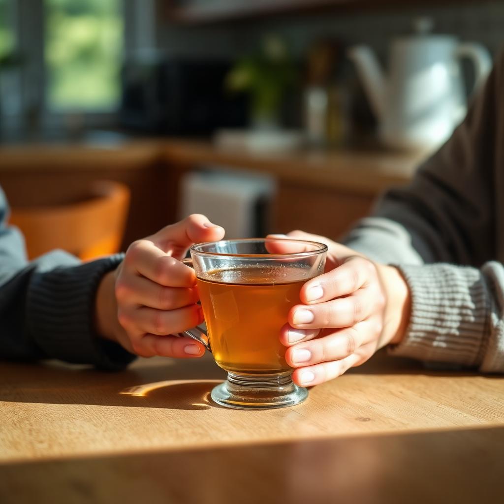 Hands holding a warm cup of tea at a kitchen table
