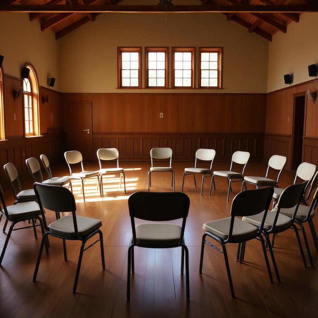 Chairs arranged in a circle in a community hall