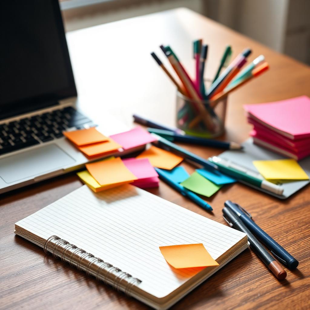 Notebook, sticky notes and pens on a desk