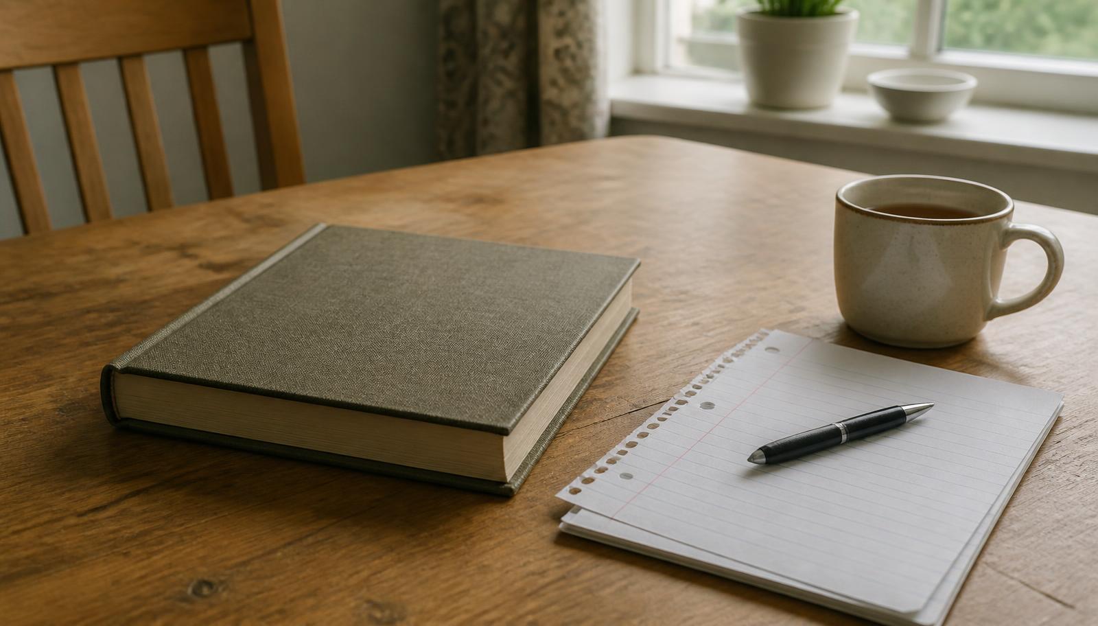 A closed cloth-bound family photograph album beside blank notebook pages, a pen and a mug of tea on a wooden kitchen table in daylight.