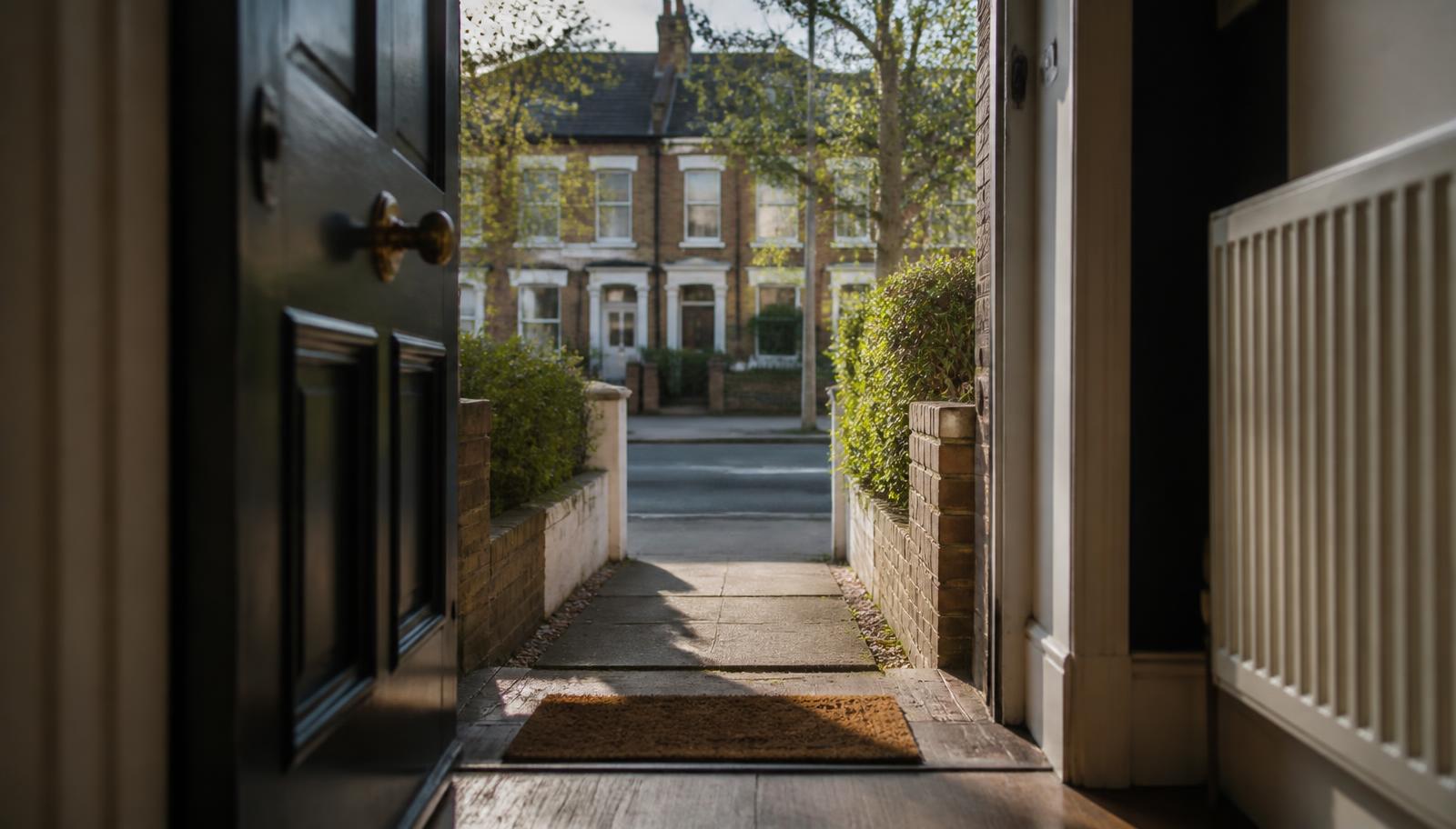 An open front door of a home looking out onto a quiet residential street in natural daylight