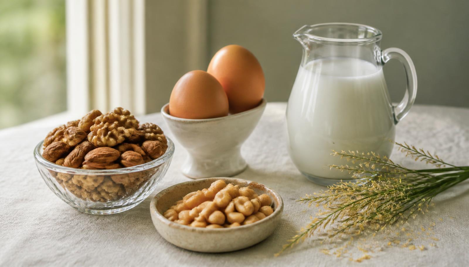 A naturally lit still-life arrangement on pale linen: a glass bowl of almonds and walnuts, a small dish of shelled peanuts, two brown eggs in a ceramic egg cup, a glass jug of milk, and a sprig of flowering grass carrying pollen.