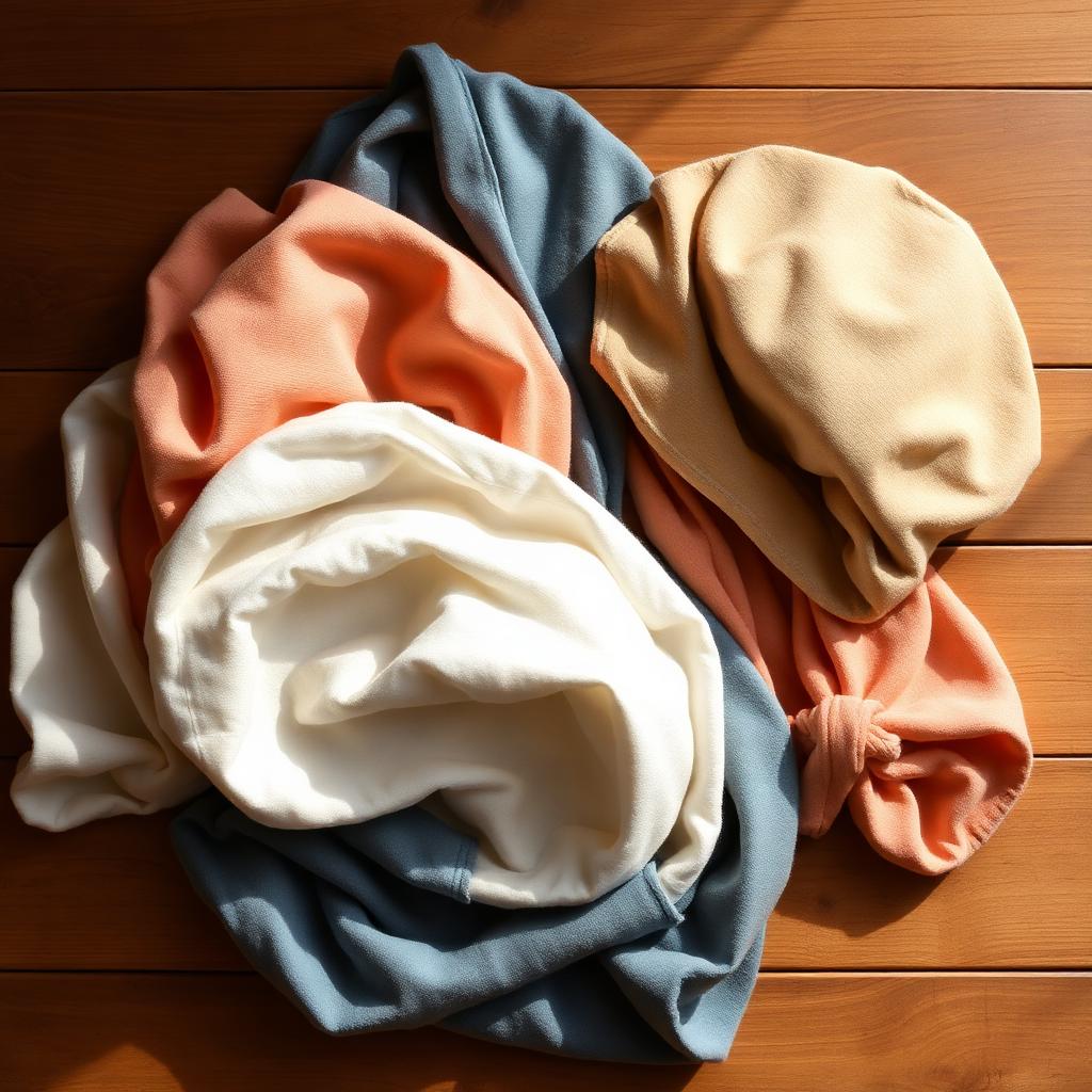 Soft head scarves and cotton hats folded on wood