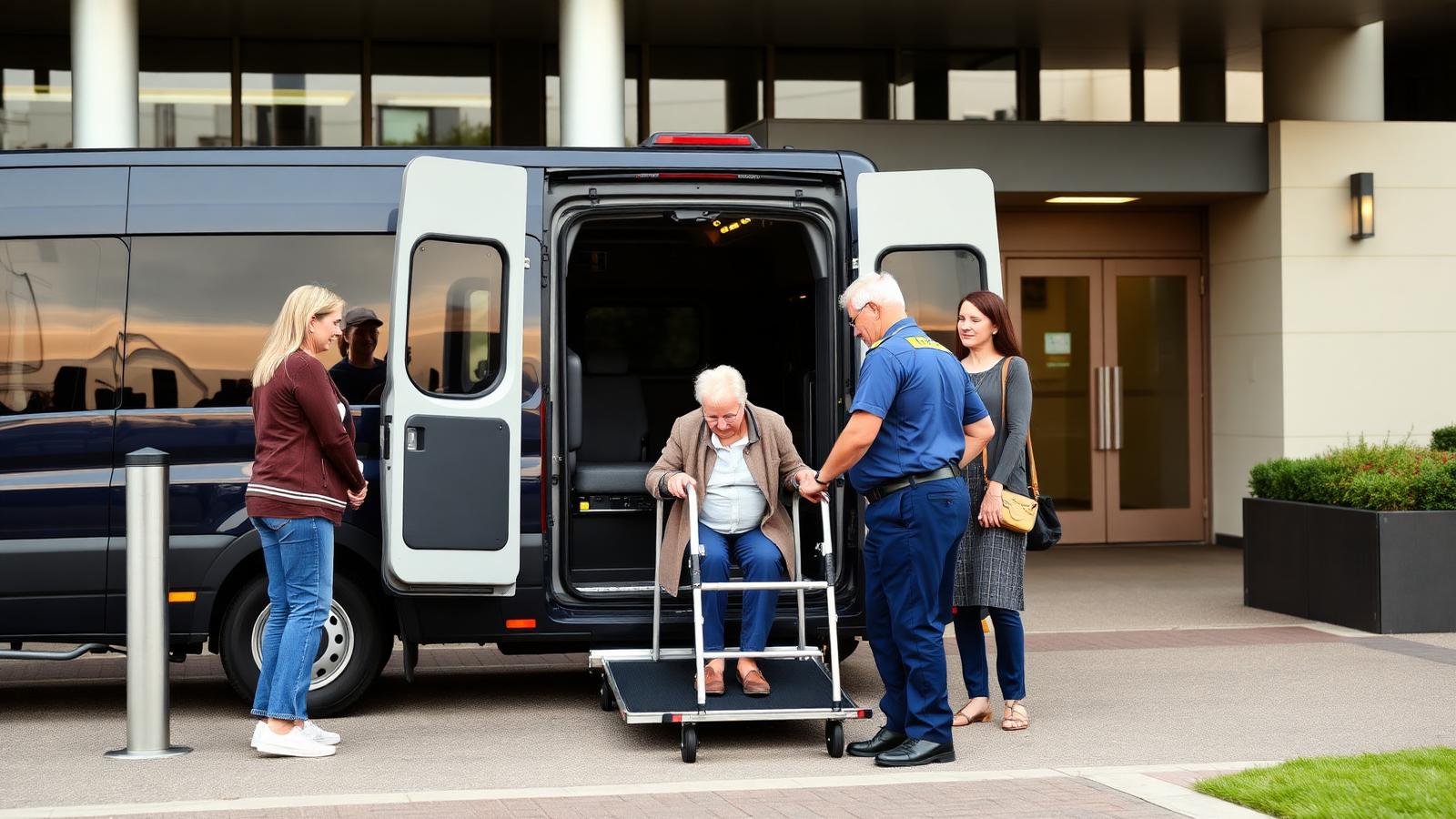 A patient transport worker helping an older person into an accessible medical transport vehicle.