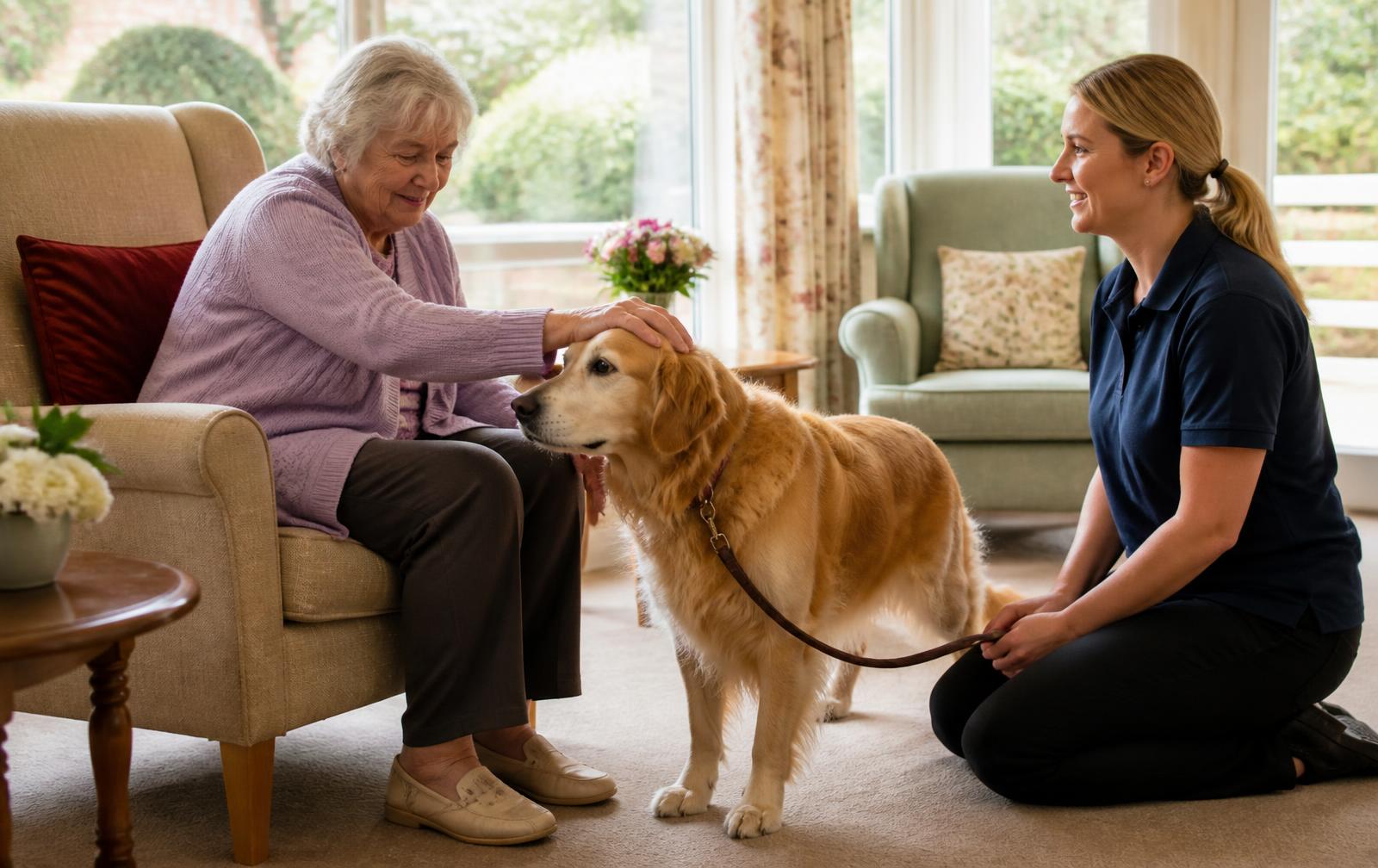An older woman sitting in an armchair in a bright care-home lounge gently strokes the head of a calm golden retriever therapy dog standing on the floor beside her, while a trained volunteer kneels nearby holding the dog's lead.