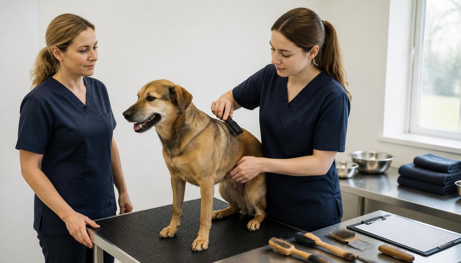A calm dog standing on a low grooming table in a bright, plain training room while a trainee gently brushes its coat and an instructor watches.