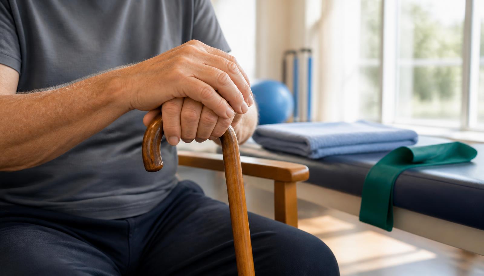 An older adult sitting on a chair in a bright physiotherapy room, hands resting calmly on the curved handle of a wooden walking stick, with a folded towel and an exercise resistance band on a treatment bench nearby.