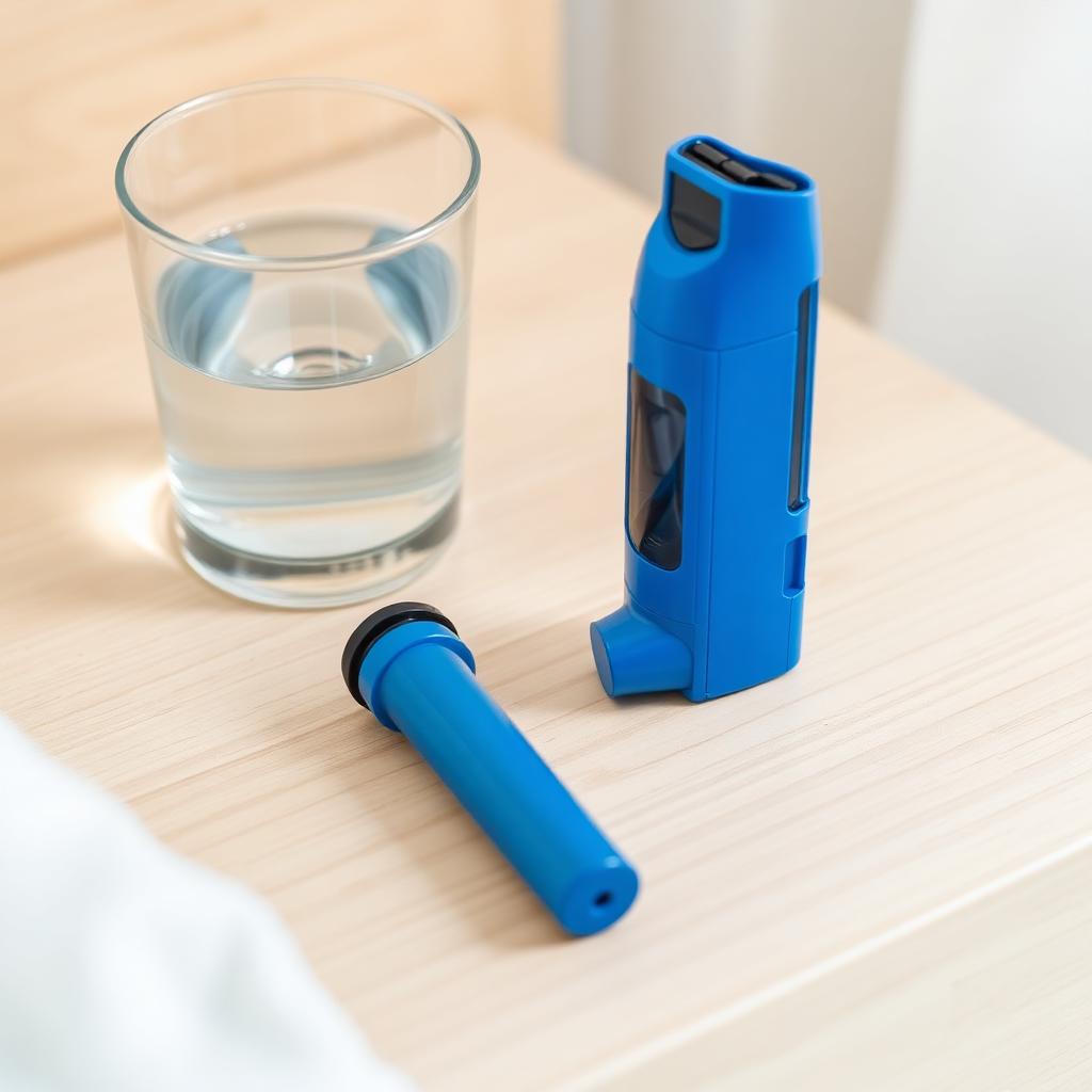 Blue asthma inhaler and spacer on a bedside table