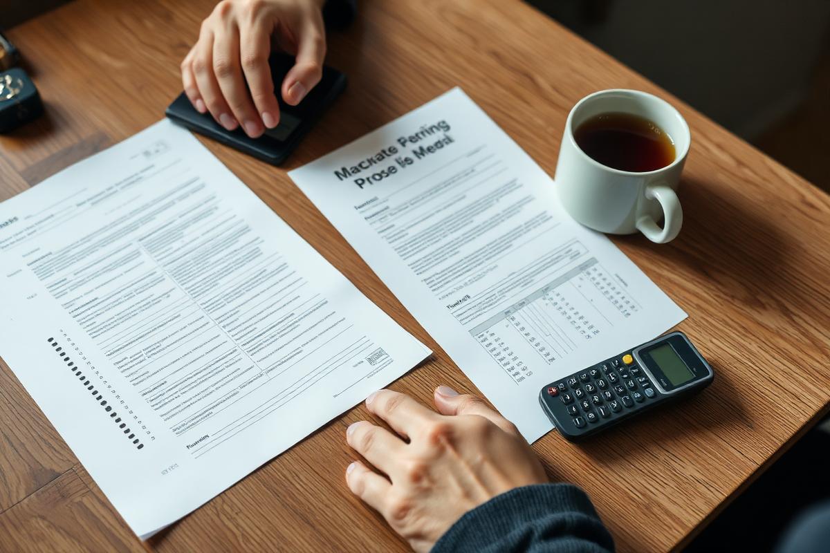 Hands filling in a paper form beside a calculator and a mug of tea