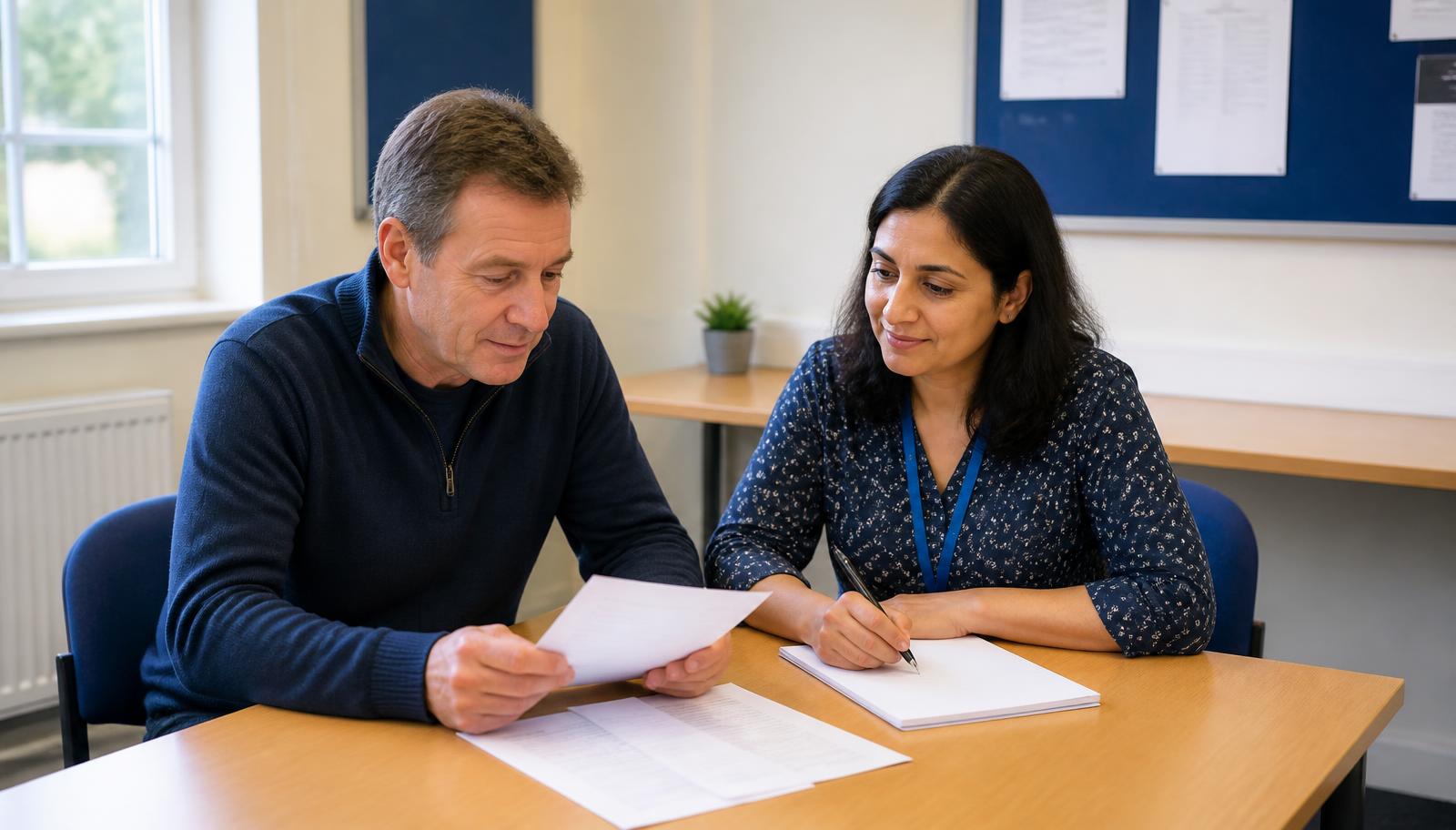 An adult and a community adviser sitting together at a plain table in a bright advice room, calmly looking through household paperwork and a blank notepad.