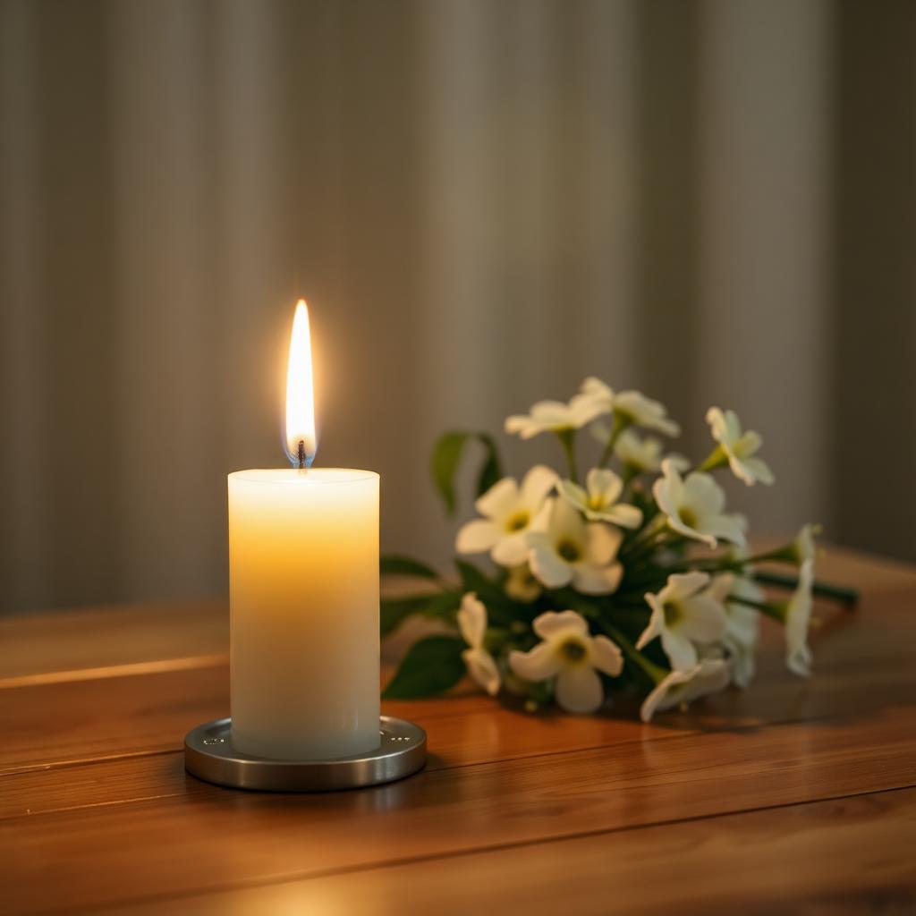 A lit candle beside white flowers on a wooden table