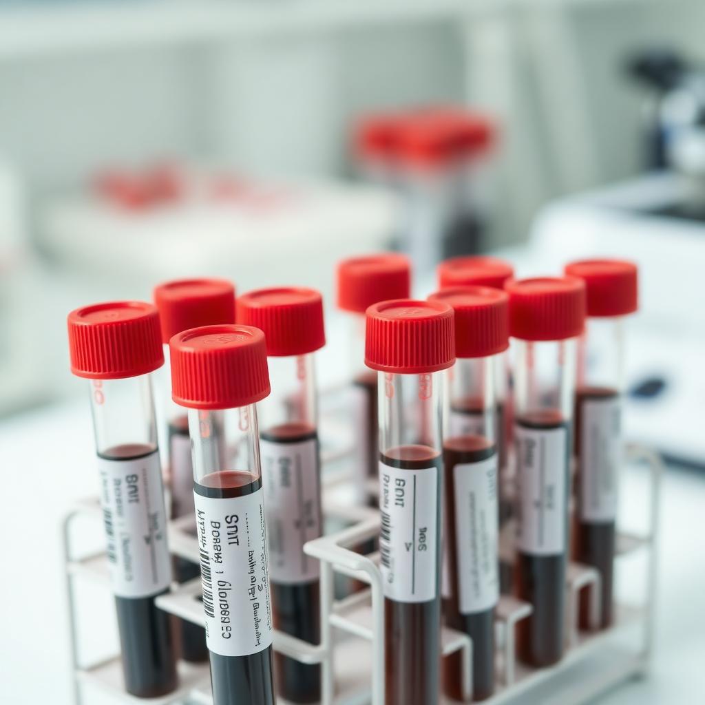 Labelled blood test vials in a laboratory rack